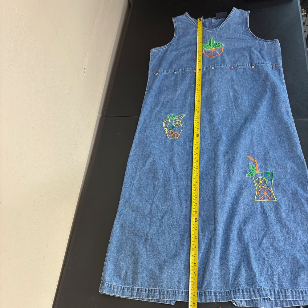 Y2K CB Casual Denim Midi Dress Size PL Orange Lemonade Citrus Embroidered Modest - Picture 8 of 11